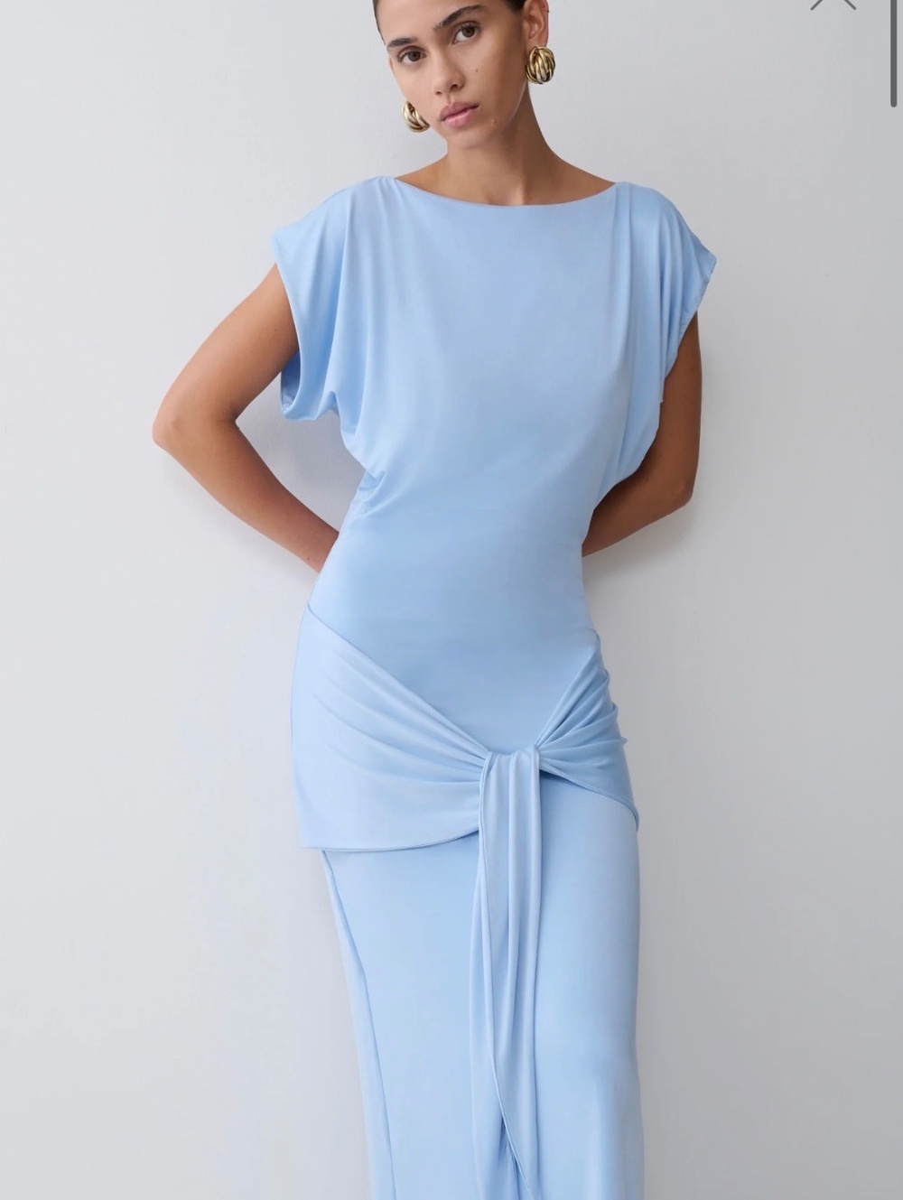 MESHKI Maiara Slinky Tie Maxi Dress Sea Blue Short Sleeve Size S